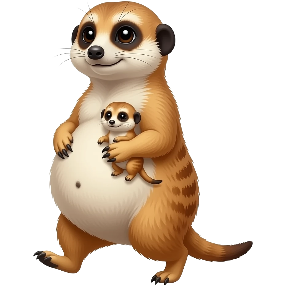 A female Meerkat now wants to give a try to walk,but with her fat stomach so big she has to get a grip of it and hold it up then cradle her food baby, it is a guessing game with her bun in the oven,but she knows she is just fat,her bellybutton makes agreement with clues. emoji