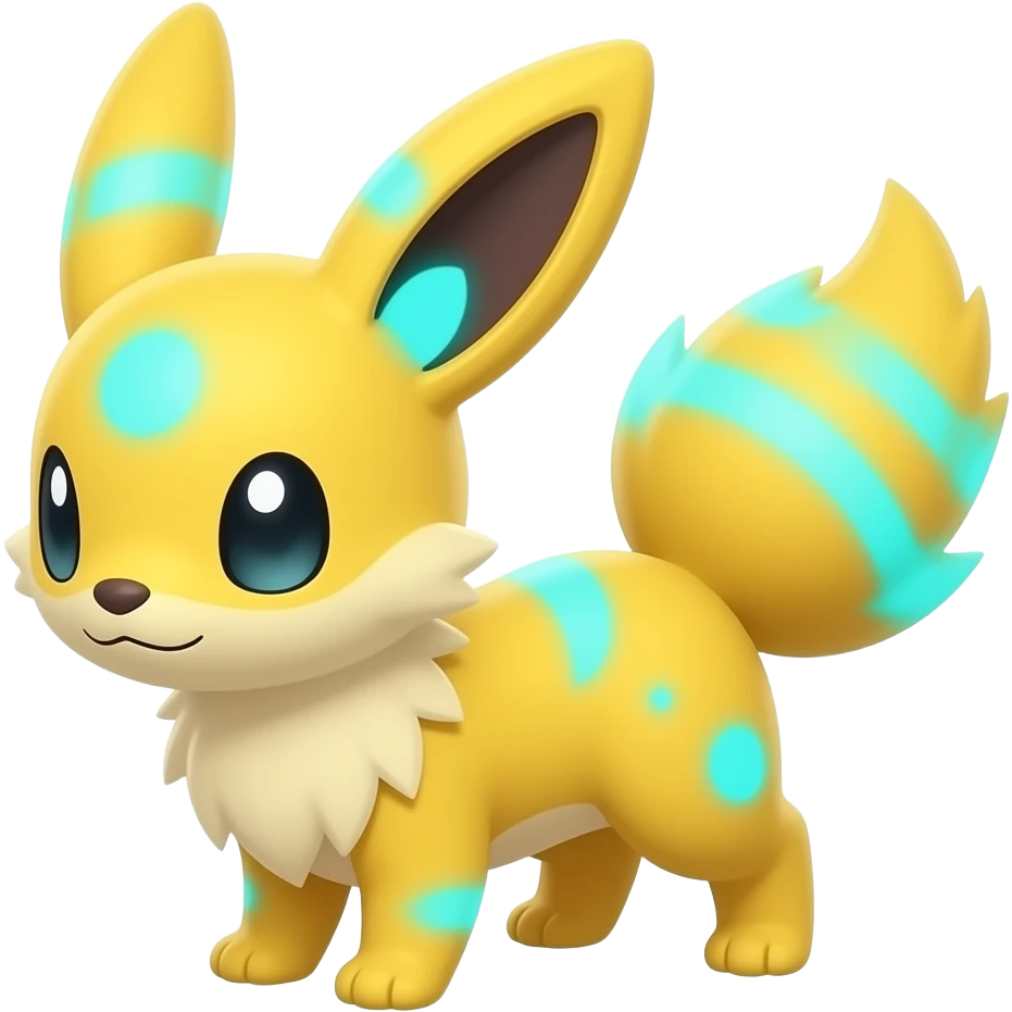 Yellow Zorua-Fennekin-Furret-Vaporeon-Fakémon-hybrid with glowing neon cyan markings emoji