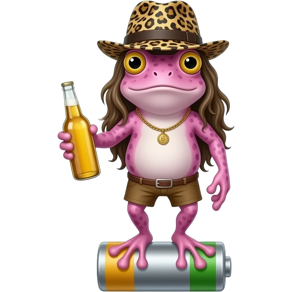 hacme una rana boracha i que tenga la votella con un gorro con forma de leopardo con el pelo largo i pintado de unucorniocon botella de borachopiel lilaen un bater emoji