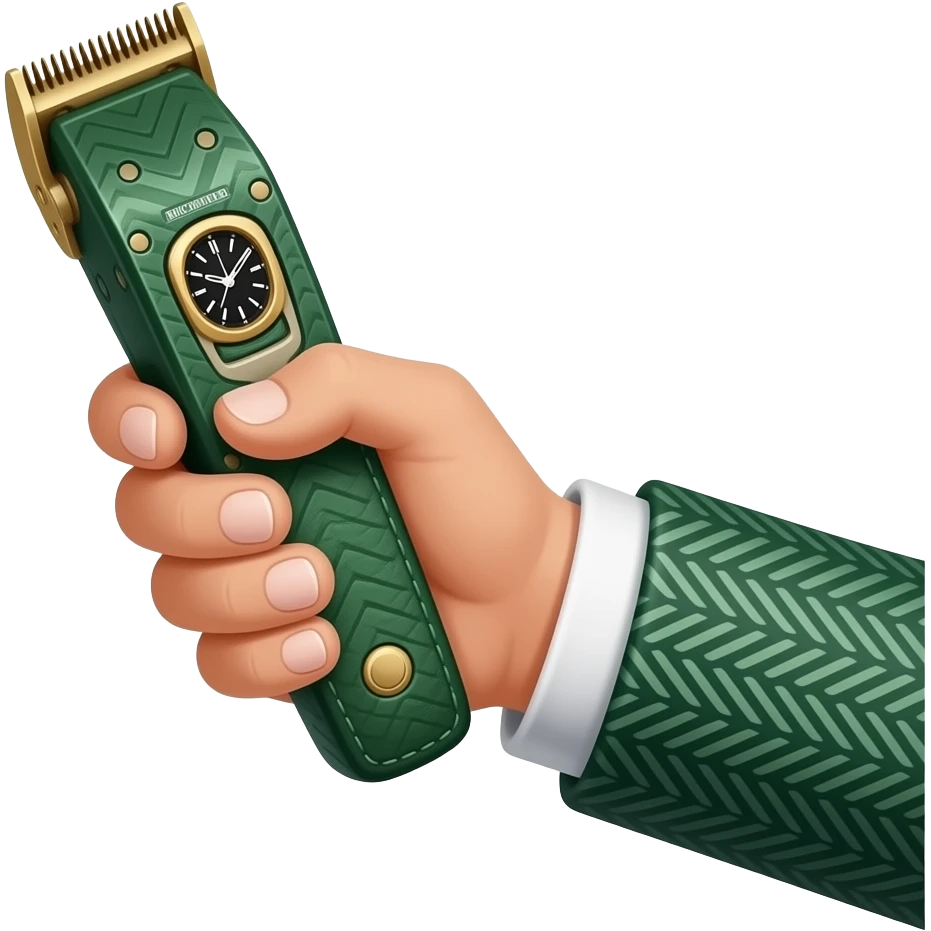 hand from outside view, single hand, green herringbone sleeve, white cuff, green richard mille watch on back of wrist, gripping green leather barber trimmer. emoji