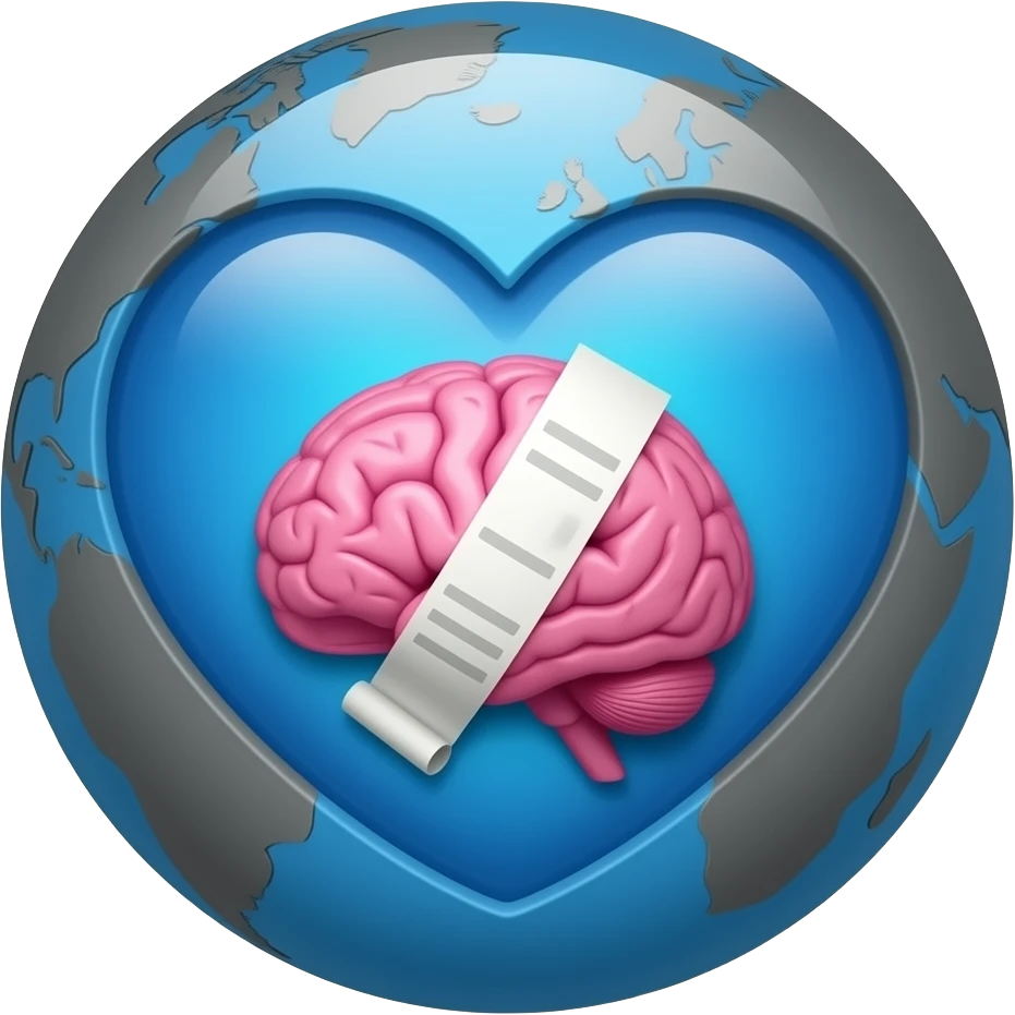 a dark gray globe with a blue heart in and a hot pink brain inside of the heart and add a open scroll inside of the brain emoji
