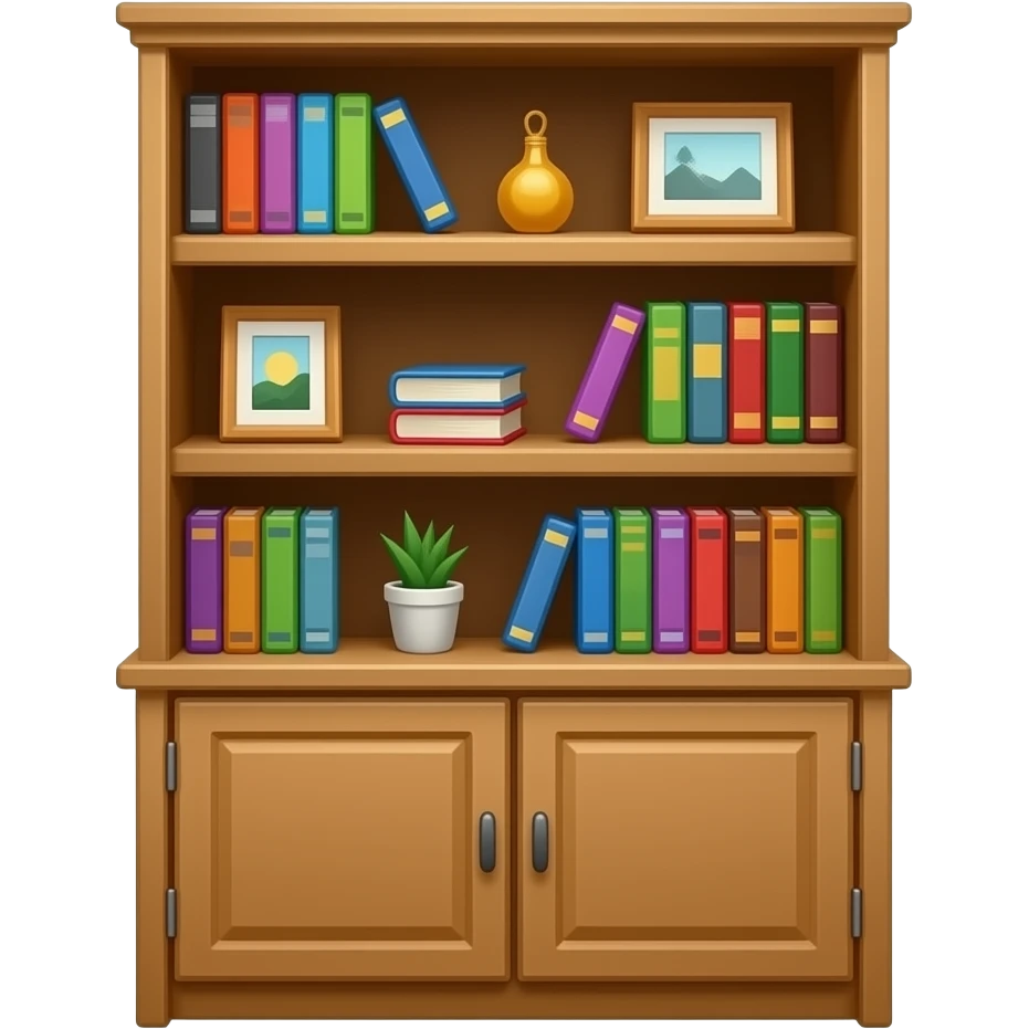 a small bookshelf with a cupboard at the bottom, several decorations on some shelves emoji