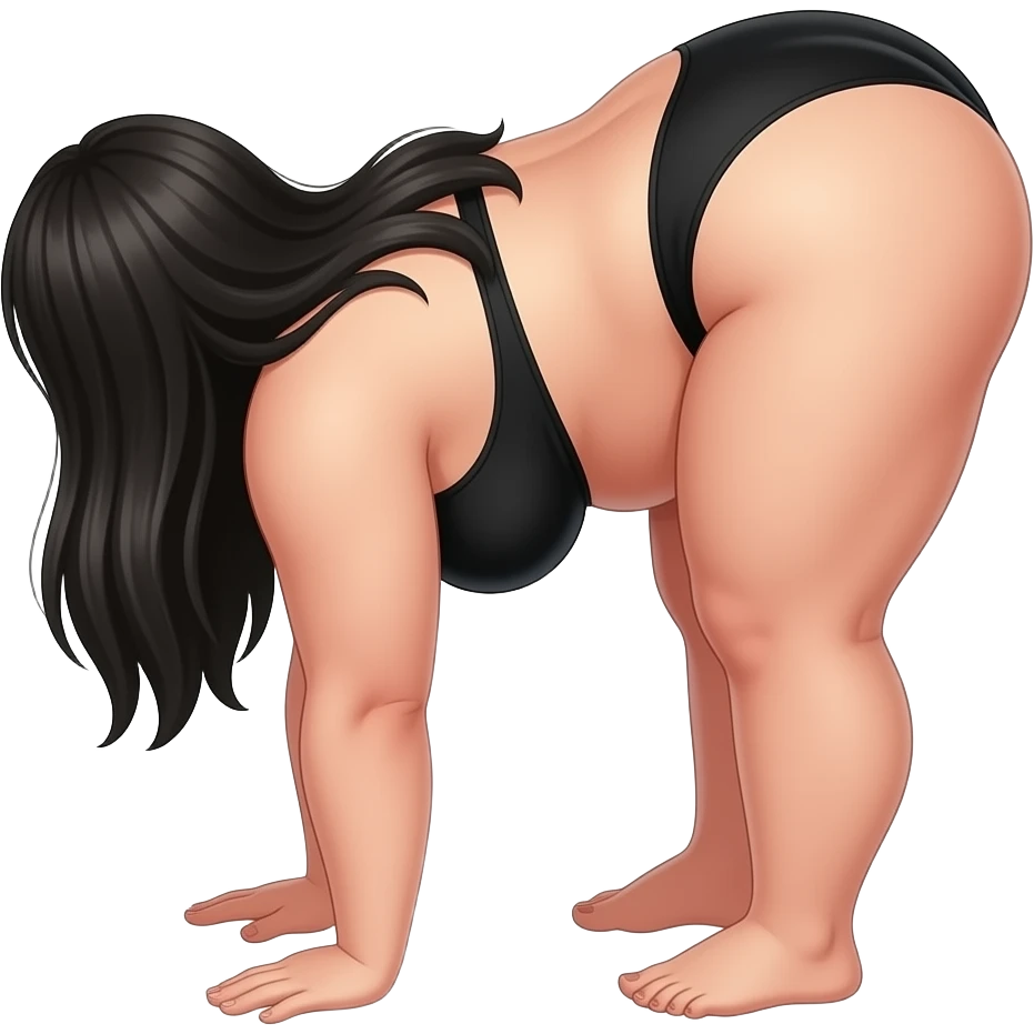 tanned fat chubby woman black long straight hair  with butt facing viewer wearing black thong bent over emoji