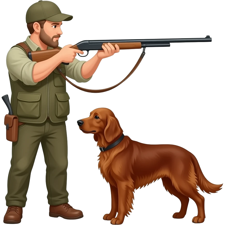 en mann som jakter med hunden sin som er irsk setter emoji