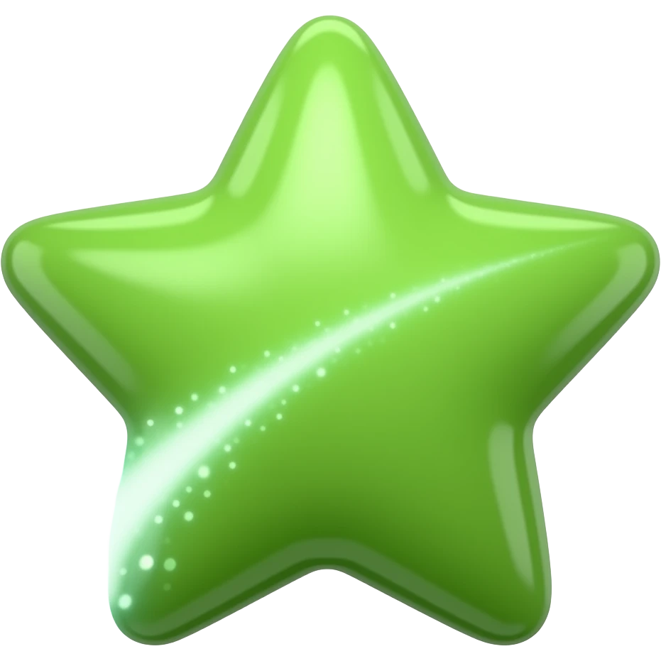 iOS emoji style, glossy 3D icon of a green shooting star with rounded edges, smooth soft plastic material, subtle reflections, minimalist design, comet-like trailing tail made of soft glowing particles, clean centered composition, high detail, transparent background, playful but elegant look emoji