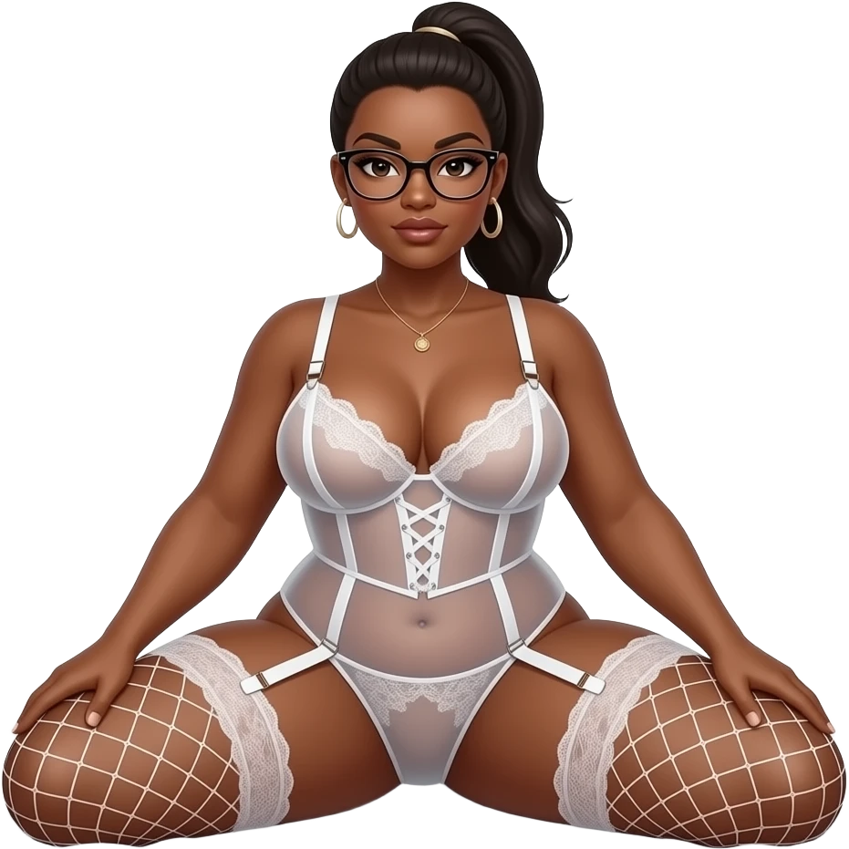 Big Busty, curvy brown skinned woman, hair in a ponytail, glasses, huge firm ass wearing a sheer white lace corset and a tiny sheer matching thong, white fencenet stockings and suspenders, she sat on the the edge of bed facing viewer pulling her knees wide apart with her hands emoji