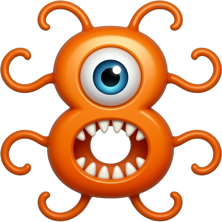 An orange number eight with eight orange tentacles with one eye and a mouth with sharp teeth emoji