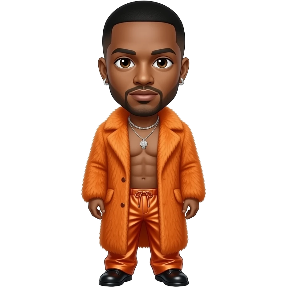 Trey Songz with dark brown eyes, black buzz cut hair, orange fur coat, orange metallic baggy pants, shirtless with necklace and earrings emoji