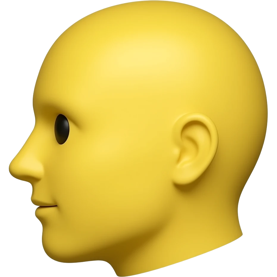 Yellow Emoji Face facing left but looking from the Side to me.Round Shape Head no Hair just eyes an Mouth straight line emoji