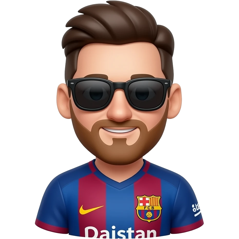 Messi-inspired 3D emoji, full Barcelona jersey, 1 black sunglasses near jersey number. emoji