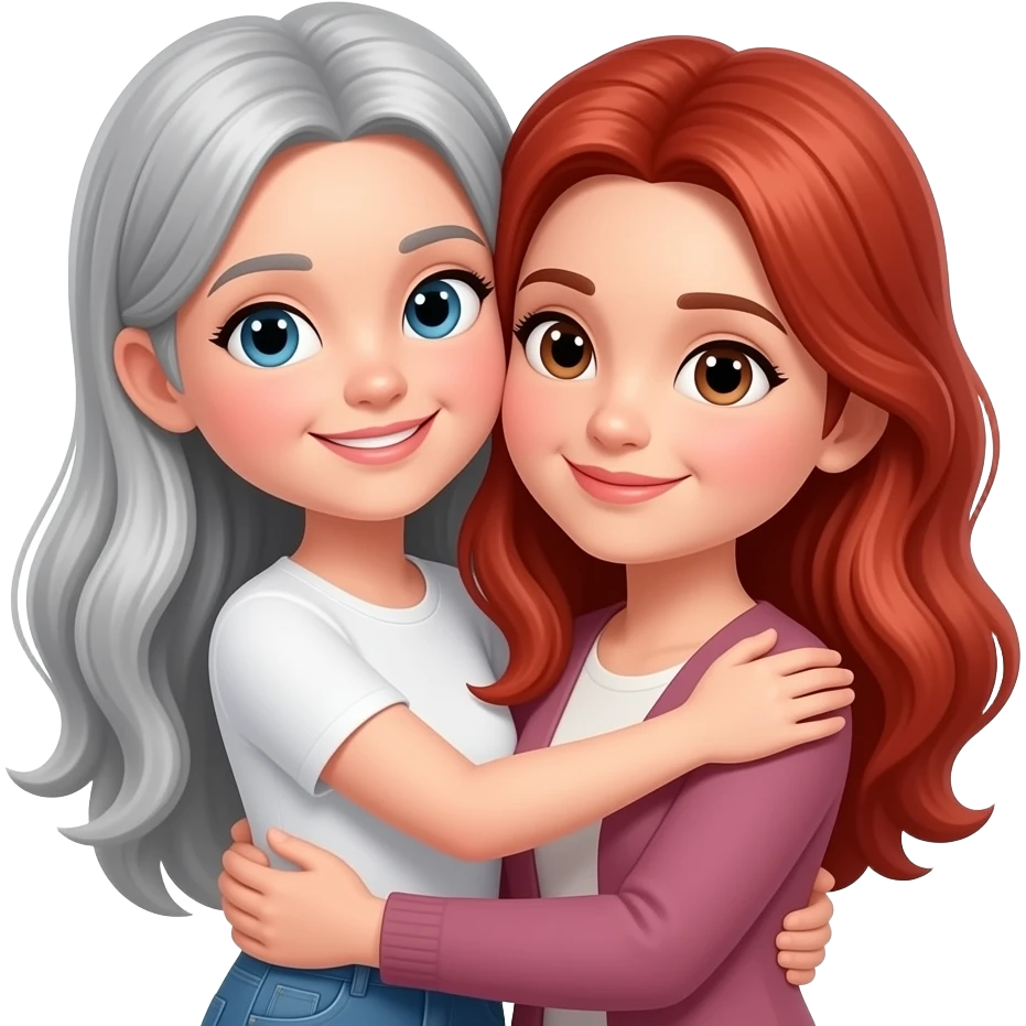 tall grey haired girl with red head mother hugging emoji
