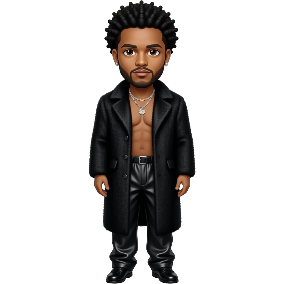The Weeknd with dark brown eyes,  black afro hair, black fur coat, ebony chrome baggy pants, shirtless with necklace and earrings emoji