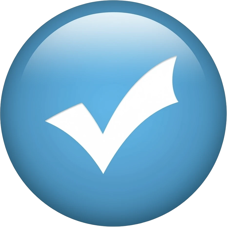 Make a white tick with blue  round curving background background emoji