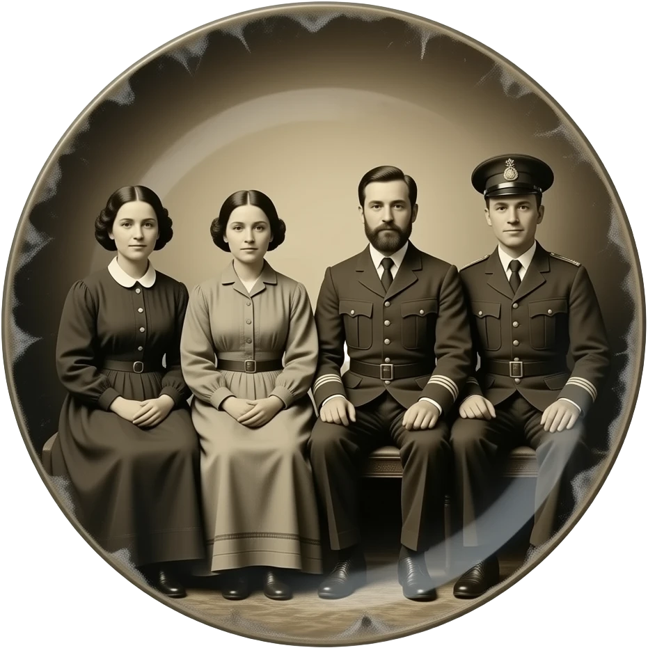 two mothers and two fathers depicted in sitting poses as in daguerreotypes posing in vintage civilian clothes - on a plate in daguerreotype format - chemically damaged emoji