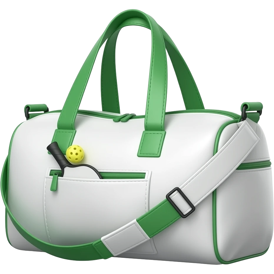 Apple iOS style white sports bag emoji, glossy 3D duffel bag with visible front paddle pocket holding a pickleball paddle, green accent details and piping, minimal luxury design, front-facing, smooth shading, ultra detailed, clean background, premium iOS emoji aesthetic emoji