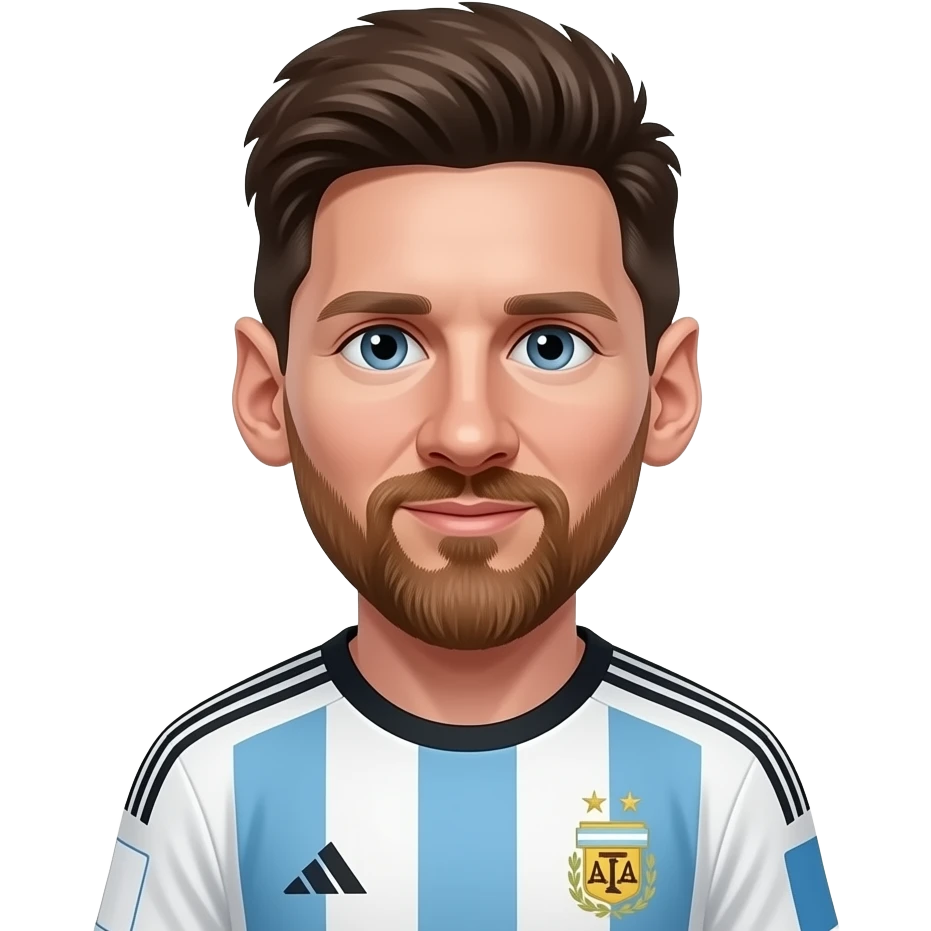 Messi emoji avatar, front-facing, Argentina jersey, cute cartoon style. With a fair curly hair and a moustache emoji