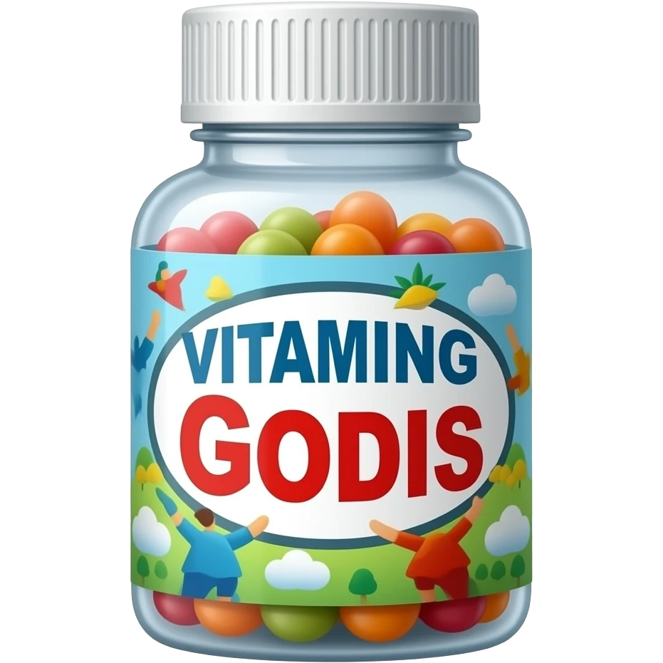 bottle with vitamin gummies för kids with a label on it that says "VITAMINGODIS" emoji
