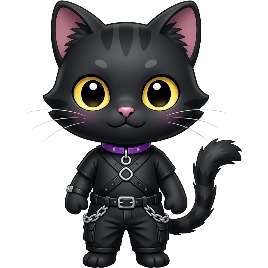 Gorgeous furry gothic dark techwear anime style anthro black cat furry sona Fakemon with blushing face aesthetic and pretty edgy black with violet collar and harness trending style chains cargo pants emoji