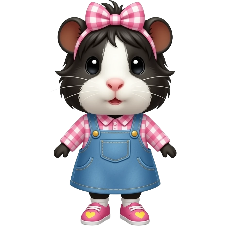 black and white guinea pig with pink long sleeve gingham shirt, jean dress, pink shoes with yellow hearts and a pink gingham bow in hair emoji