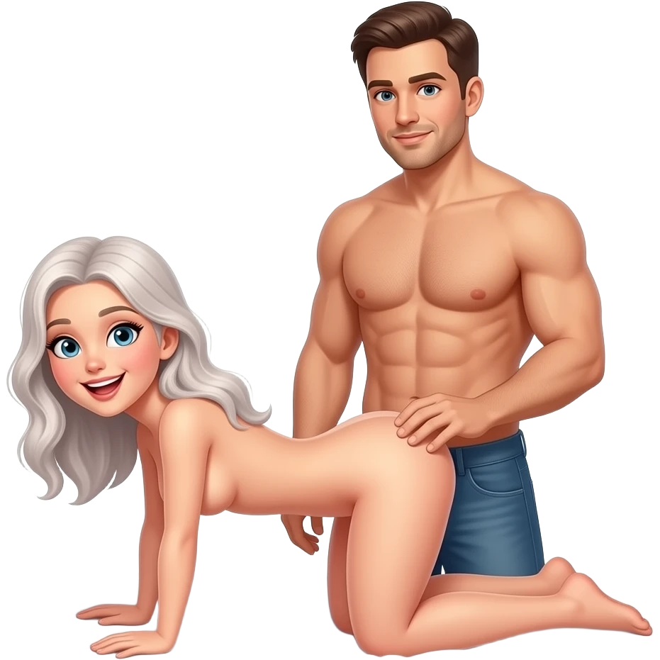 Une fille heureuse, cheveux pâle, pas de vêtement tout nue pencher fesse dans les airs sur le lit et l'homme nue en arrière de la fille avec une main entre ses fesses emoji