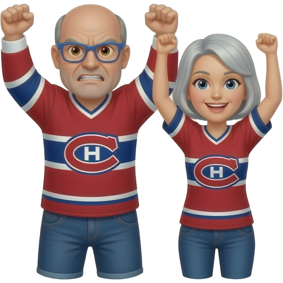Extremely Angry 50 year old 170 lbs man, completely Bald, no hair, brown eyes, wearing blue glasses and montreal canadiens jersey with short light gray haired woman wearing the same both have their arms raised cheering emoji