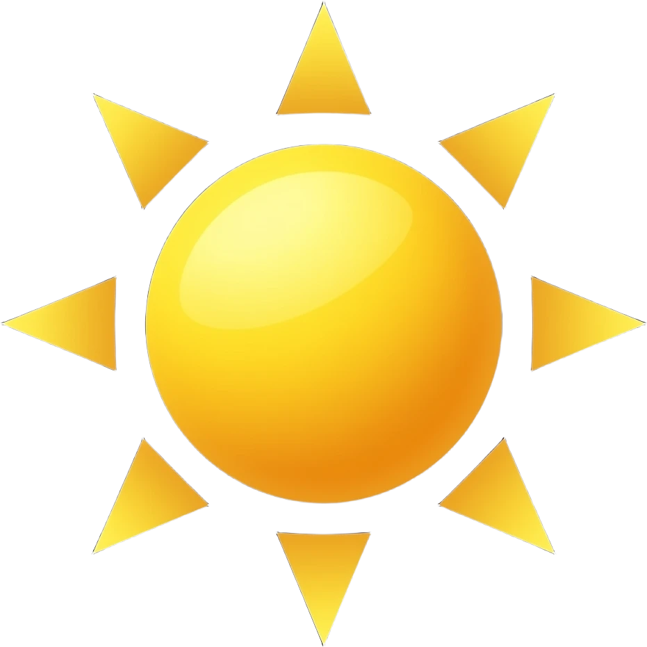flat 2D sun icon, solid yellow circle surrounded by eight triangular rays, clean minimal vector, isolated black background, app icon emoji