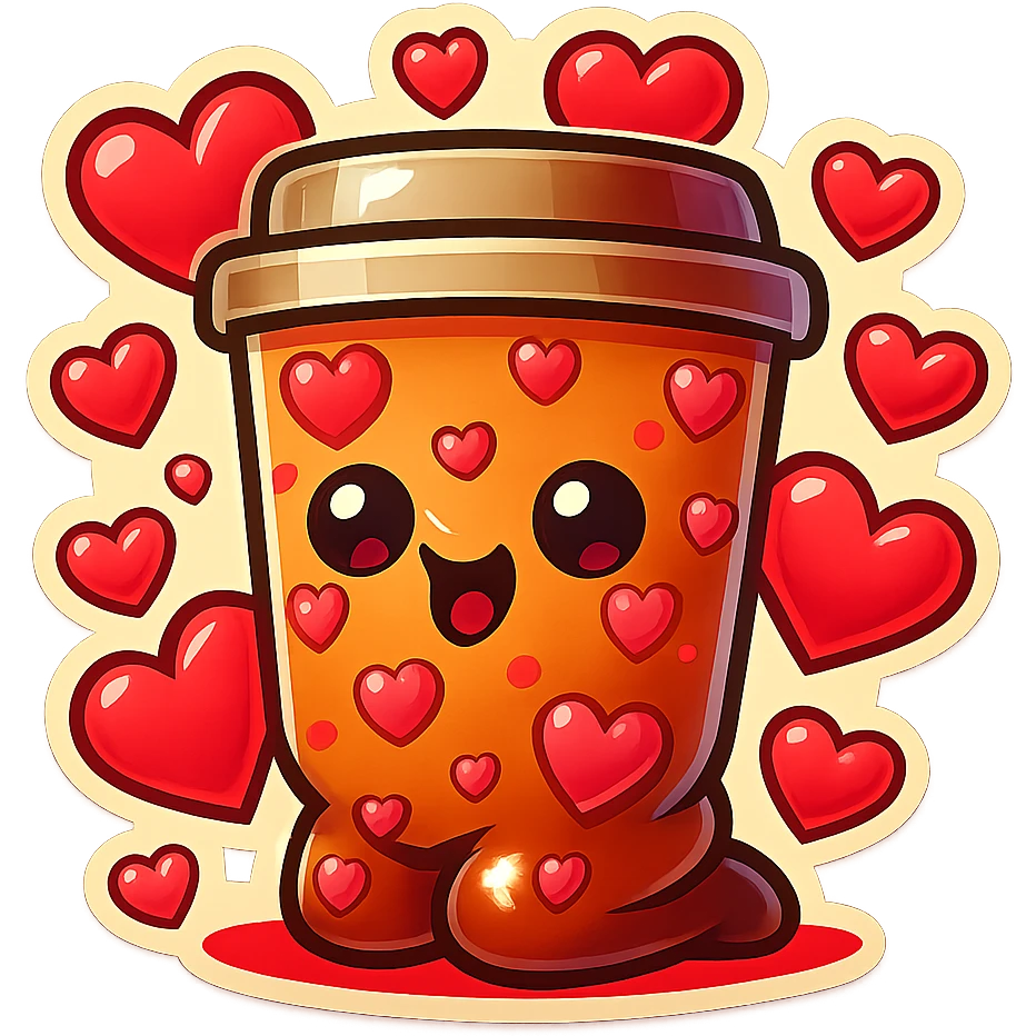 Tall coffee cup, bowing on knees, covered in hearts emoji