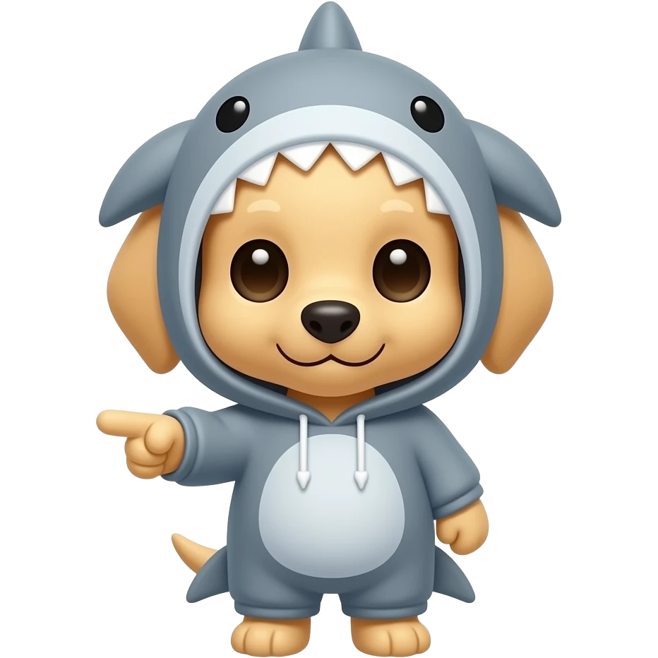 cute blonde puppy with grey shark hoodie pointing down emoji
