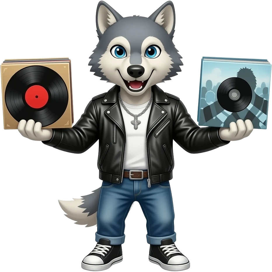 rocky wolf with rock music albums in his hands emoji