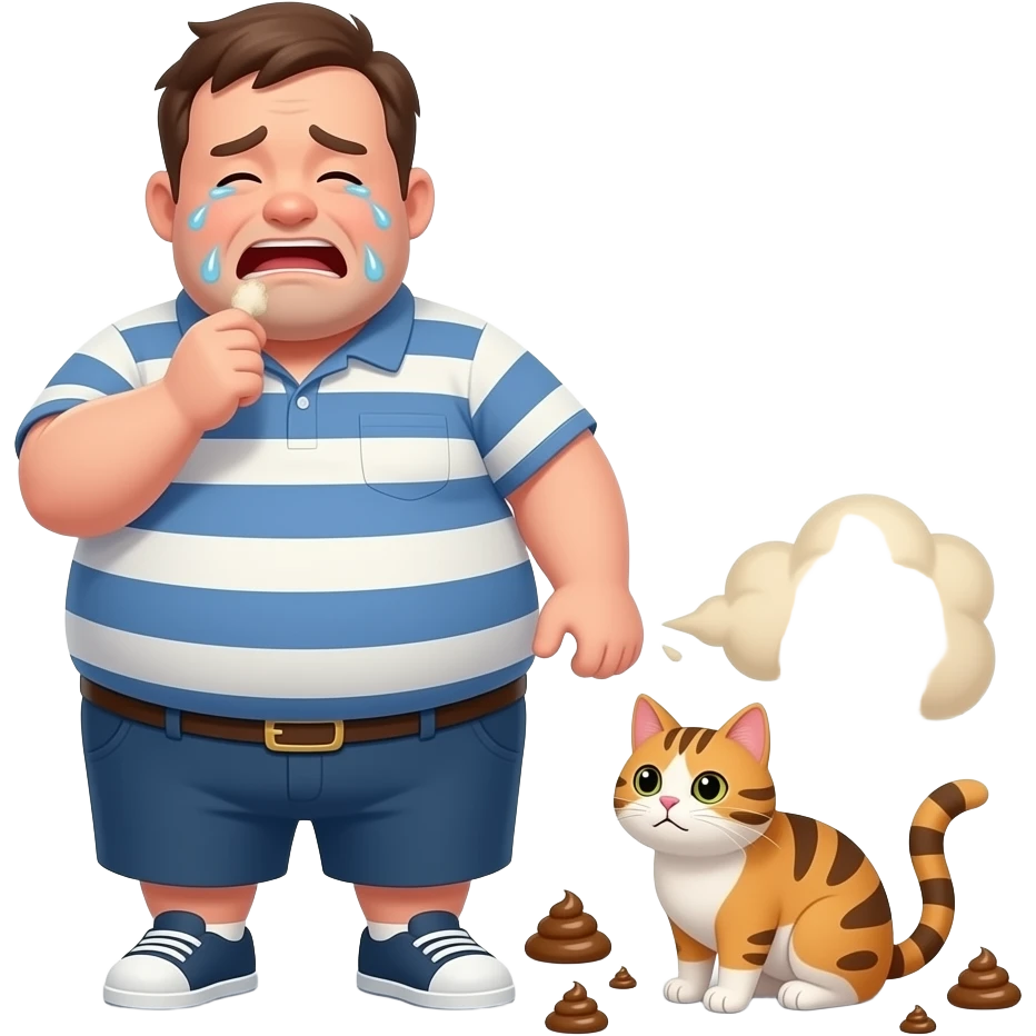 A cartoonishley obese, fat man crying, farting and eating a cat, he is burping and letting out a massive fart, there is poop all over emoji