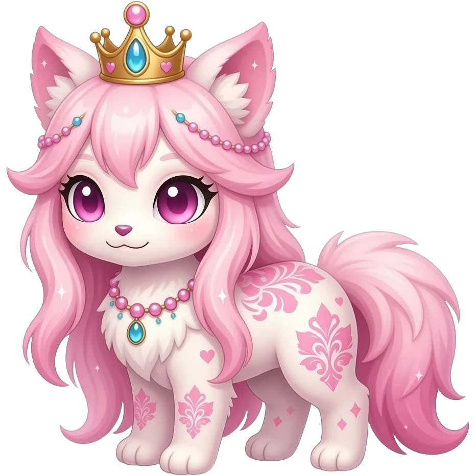 Fuzzy Royal feathery long-haired beaded mane cozy rosy aesthetic Rosy beautiful gorgeous pretty Petite shiny glossy sparkly romantic pastel damask Absol-Sylveon-Amaura-Aurorus-Espeon-Fakemon-hybrid with heart sparkle patterns emoji