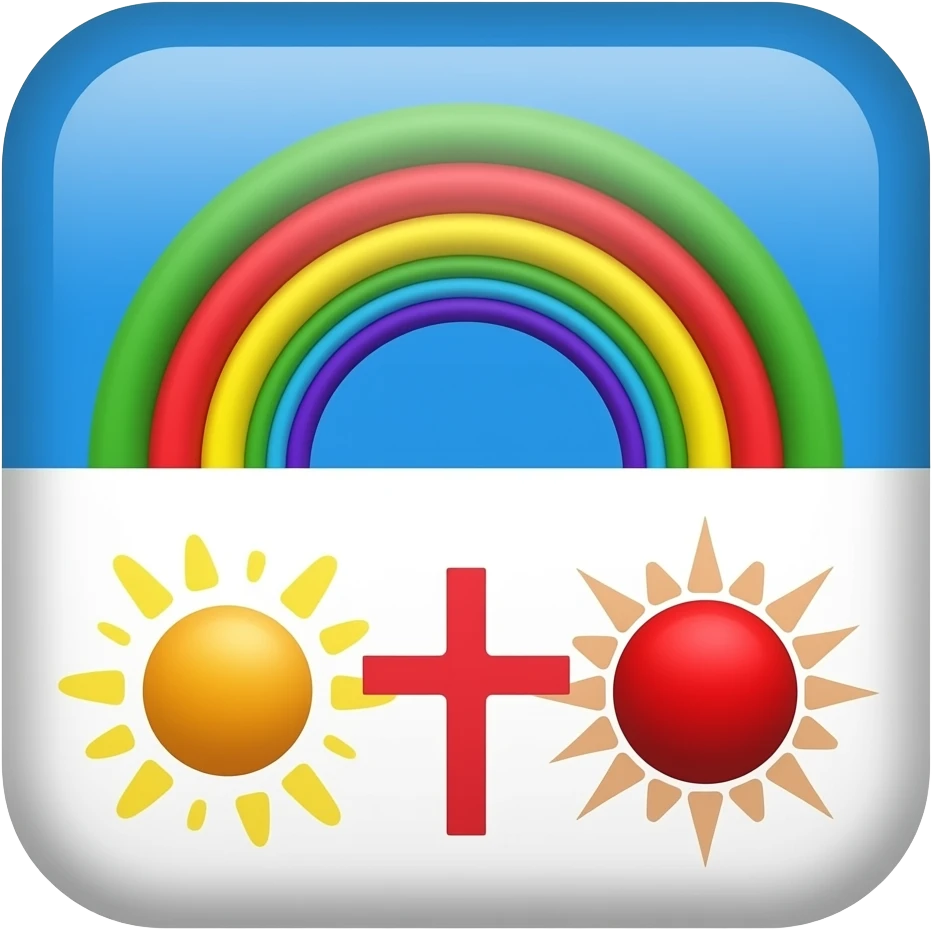 é um retângulo bicolor dividido horizontalmente (azul superior, branco inferior). Destaca-se por um arco-íris (verde, amarelo, vermelho), uma estrela amarela, um sol vermelho e uma cruz vermelha emoji