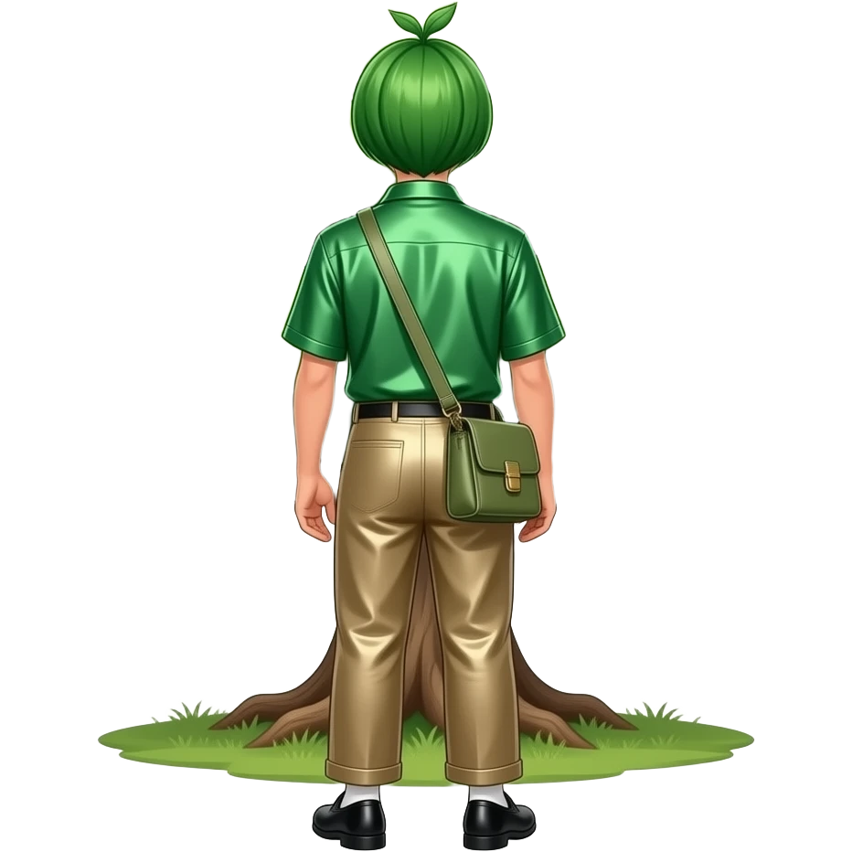 The Tree of Wisdom from behind with green leave wig, green metallic dress shirt, khaki metallic baggy pants, black dress shoes emoji