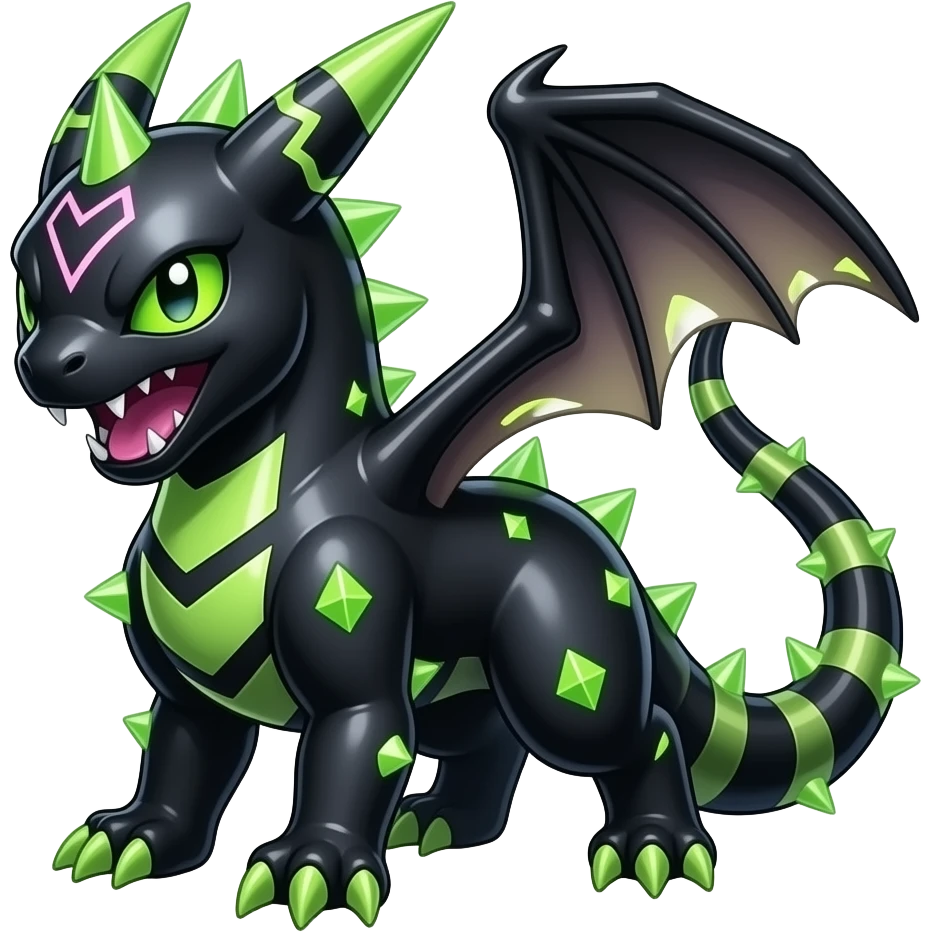 Shiny edgy spiky oily poisoned glittery black with neon-markings sparkling Salandit-Salamence-Ekans-Seviper-Rapidash-Salazzle-Fakemon-hybrid emoji