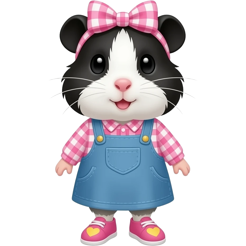 black and white guinea pig with pink long sleeve gingham shirt, jean dress, pink shoes with yellow hearts and a pink gingham bow tied in fur emoji