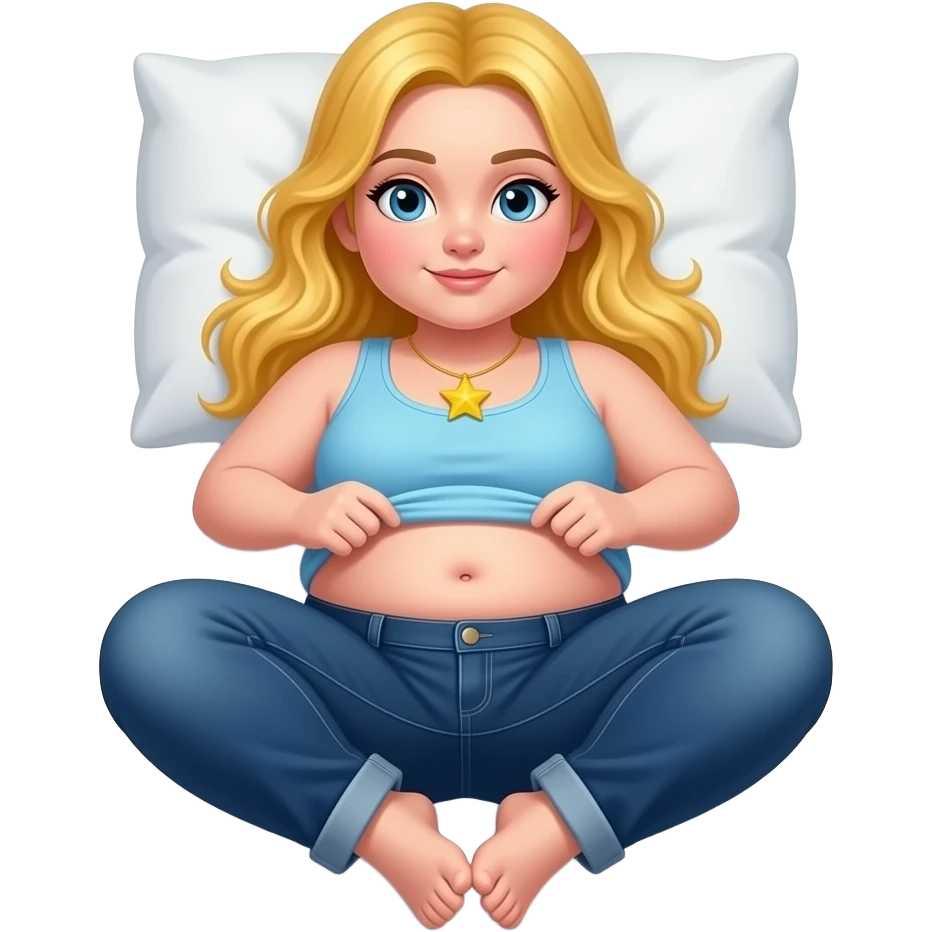 Chubby white girl blue eyes yellow long hair light blue tank top yellow star necklace dark blue plain jeans showing her feet lifting her tank top up to show chubby belly button laying down on her pillow in bed to show feet emoji