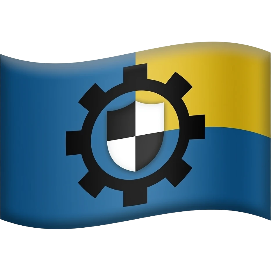 Blue and gold split flag with a black gear, white-and-black star, and a small quartered shield in the center. emoji