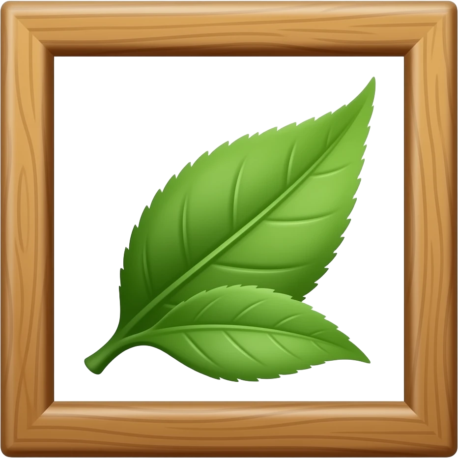 액자 속 녹차잎(녹차잎을 덜 반짝이게, 녹차사이즈 조금만 줄여, 액자 프레임 우드톤) emoji