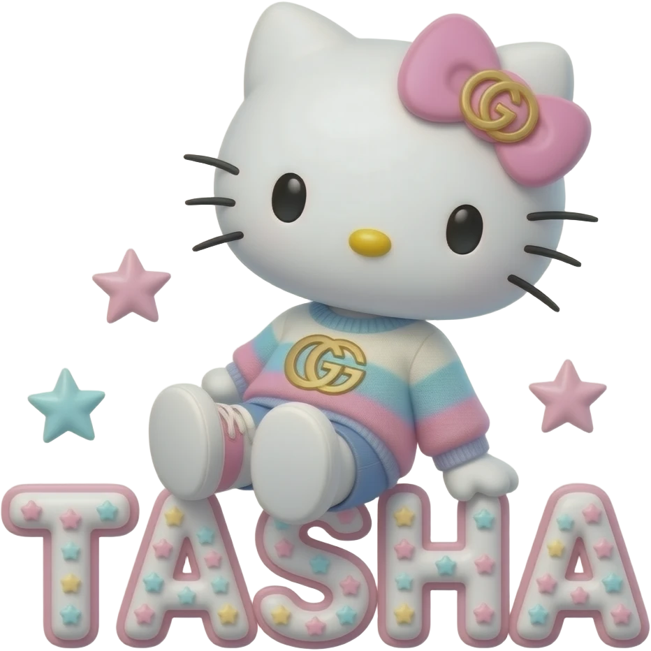 4D Velvety fur hello kitty wearing ombre white and blue and pink ombre pastel colored sweater and sneakers, and with the Gucci symbol on her ombre pastel bow sitting sideways leaning back on top of the velvety 3D outlined letters TASHA surrounded with tiny ombre pastel stars made of candy emoji