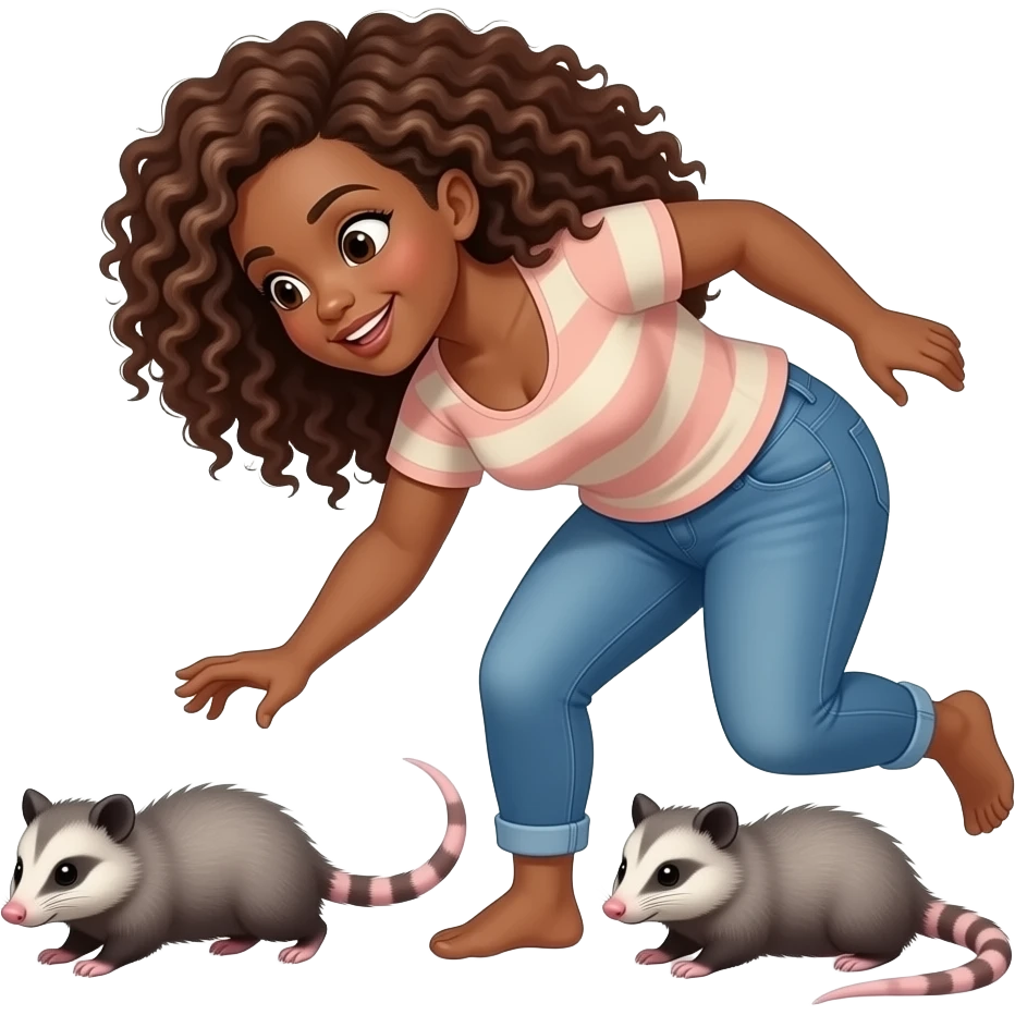 A curvy biracial woman with long curly hair is stealing from possums emoji