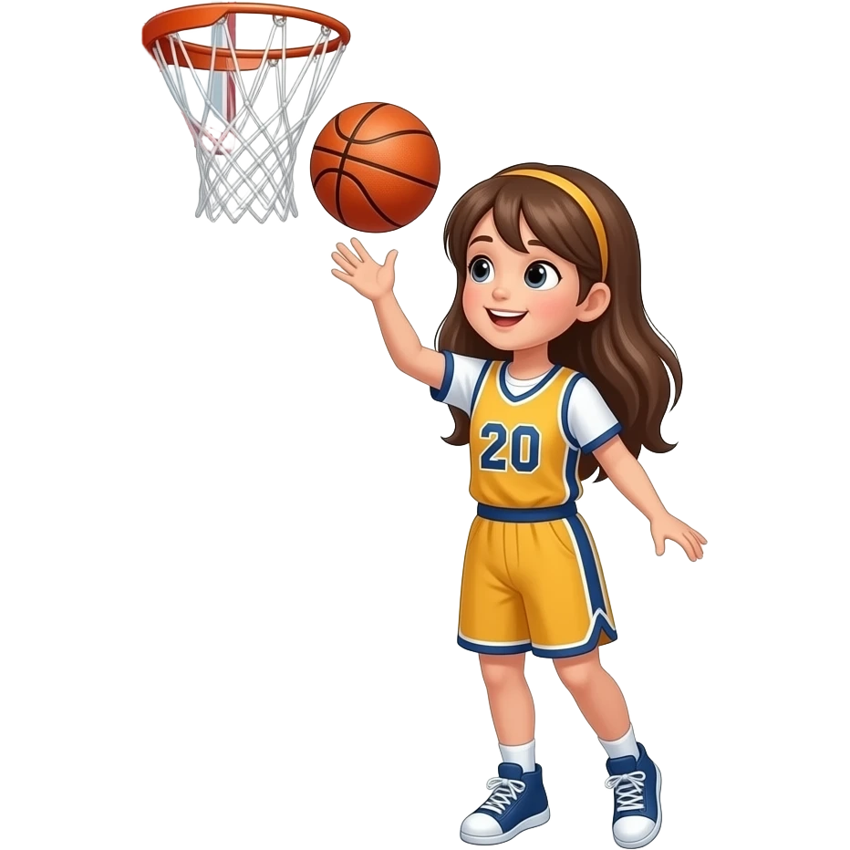 Ein mädechen mit langen haare die braun sind und sie wirft einen Basketball in den korb emoji