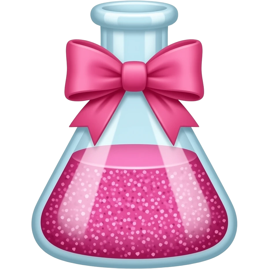 Eylimer de laboratório de vidro com liquido rosa bb com gliter dentro com um laço rosa bb amarrado por fora emoji