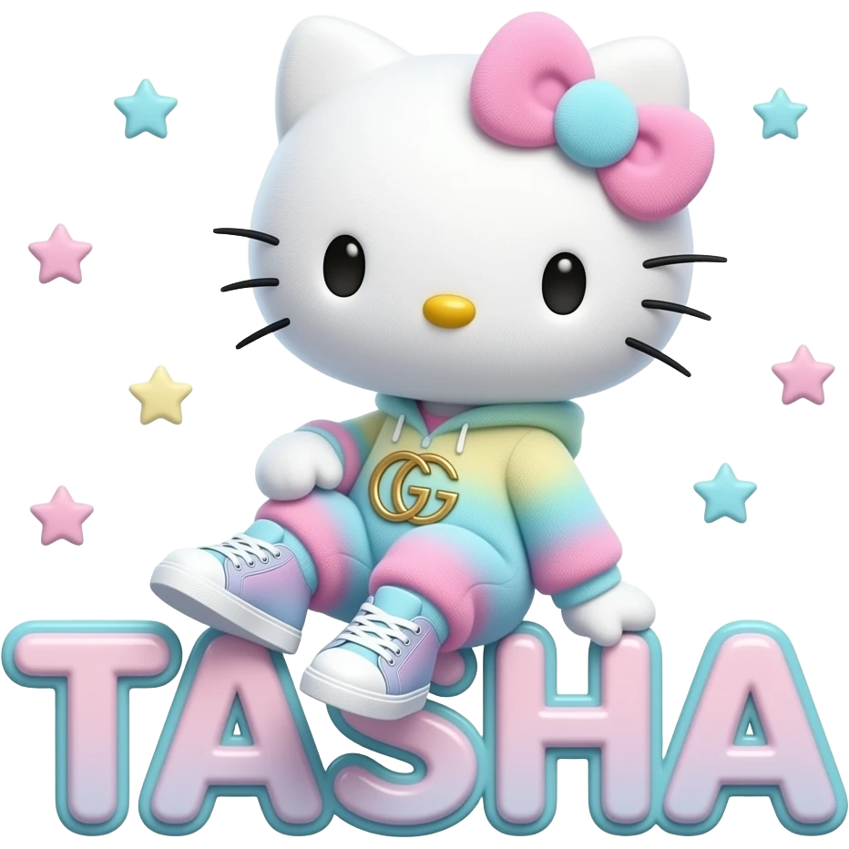 4D Velvety fur hello kitty wearing ombre white and blue and pink ombre pastel colored onesie and sneakers, and with the Gucci symbol on her ombre pastel bow sitting sideways leaning back on top of the velvety 3D outlined letters TASHA surrounded with tiny ombre pastel stars made of candy emoji
