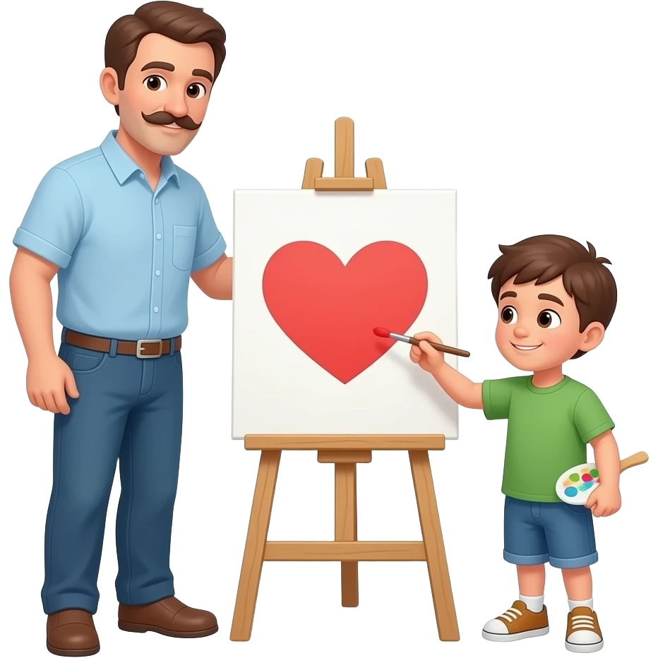 Vater (40) mit moustache und Sohn (23) malen zusammen ein Herz auf einer Staffelei emoji