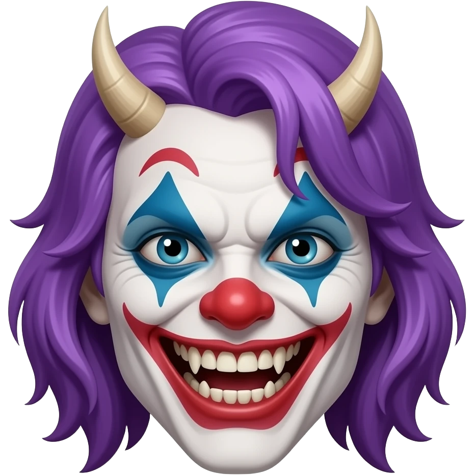 An evil , demonic clown with purple hair, head only, wicked grin, hyper real, crazy makeup, scary, hyper real, ultra real, no horns emoji