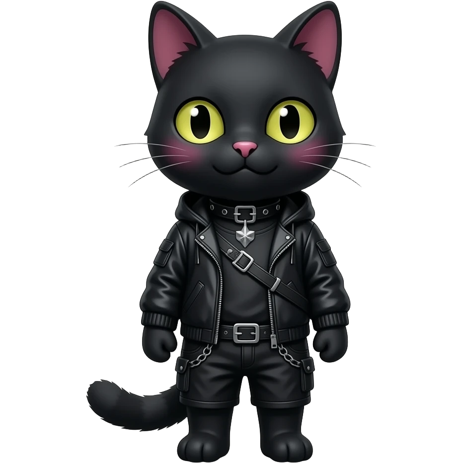 Gorgeous furry gothic dark techwear anime style anthro black cat fursona with blushing face aesthetic and pretty edgy black with collar and harness trending style emoji