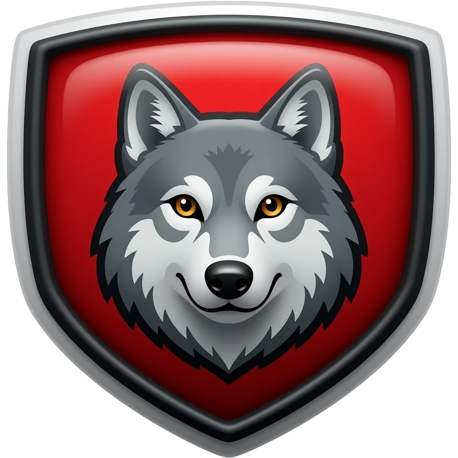 Red and black badge with a wolf emoji
