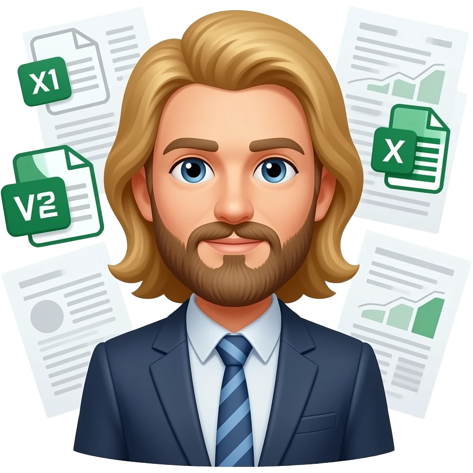 master data specialist with xls csv xml sheets around his head , blond long hair, beard emoji