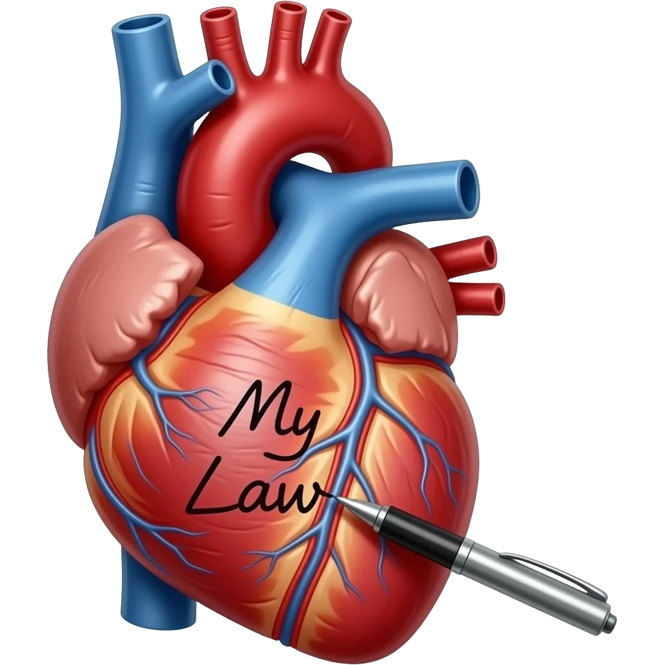 An anatomically acurate human heart with a pen writing "My Law" on the heart emoji