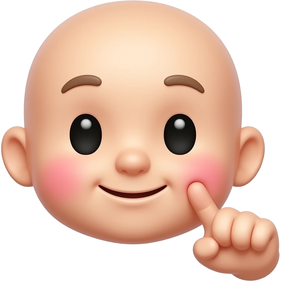 Cute 3D emoji baby face with one finger poking the cheek, hand emphasized larger than the face, blushing cheek, lovely playful expression, glossy rounded style, white background. emoji